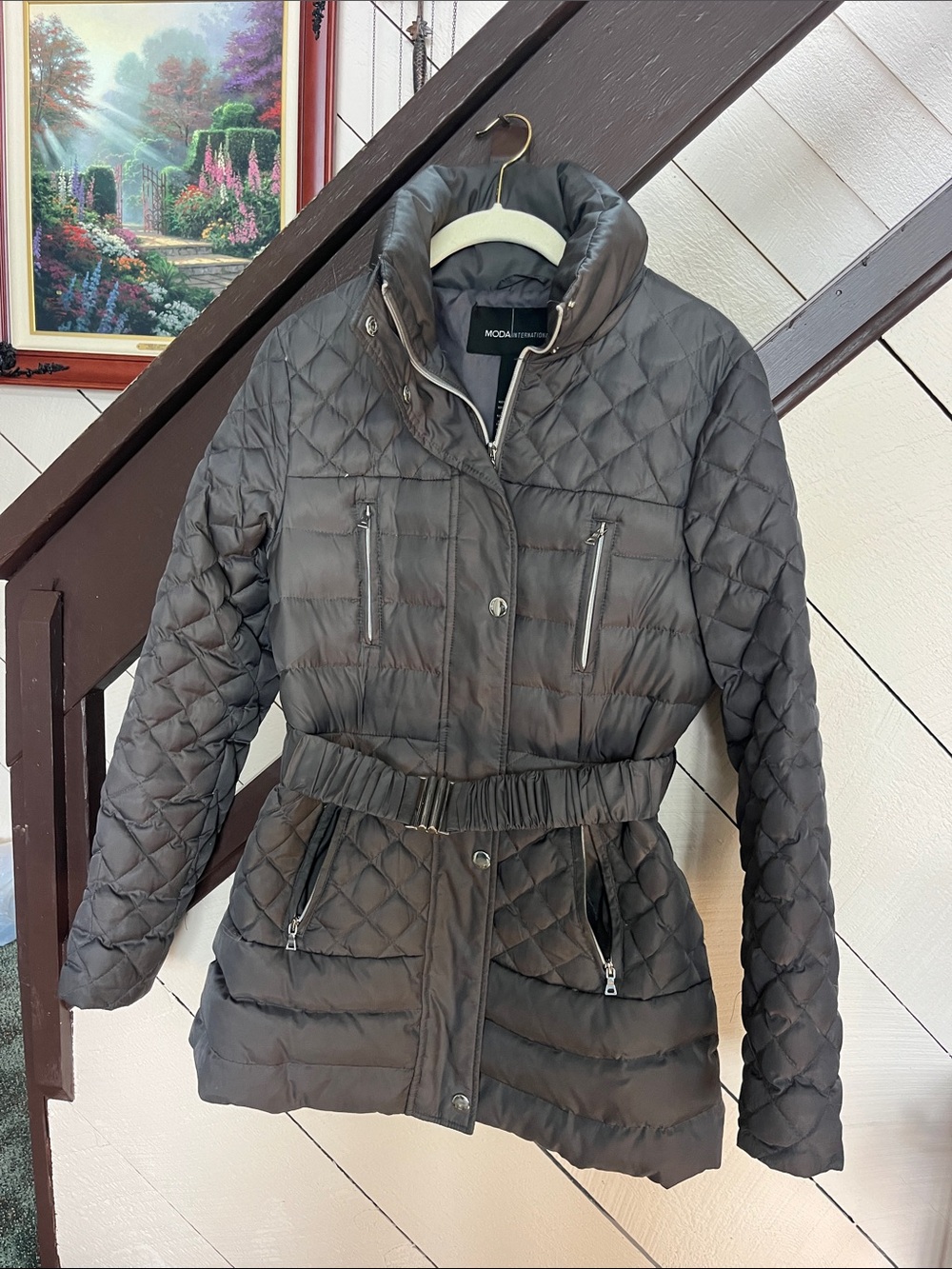Moda International Quilted Belted Puffer Jacket in Charcoal Gray